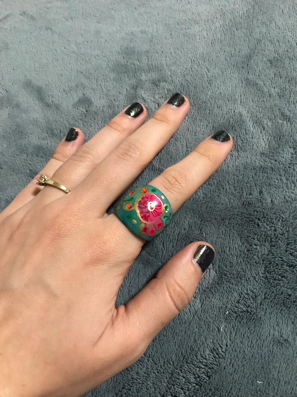 Sky Light Blue Hand Painted Wood Statement Chunky Ring Floral Design Size 7